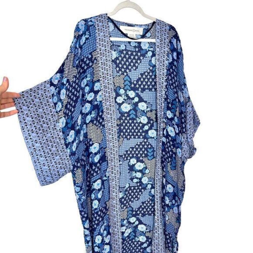 Treasure & Bond Long Kimono Blue Floral Mix Border Print Duster Cover Up Boho OS